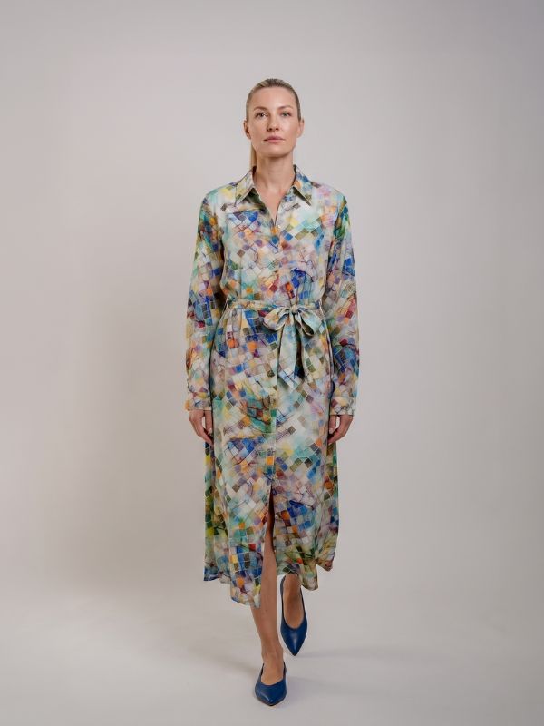 Robe Chemise Mosaïque verte -100% viscose